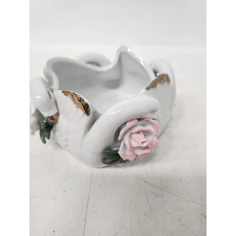 Vintage 3D Swan Roses Figural Bowl Candy Dish White Ceramic Cottagecore